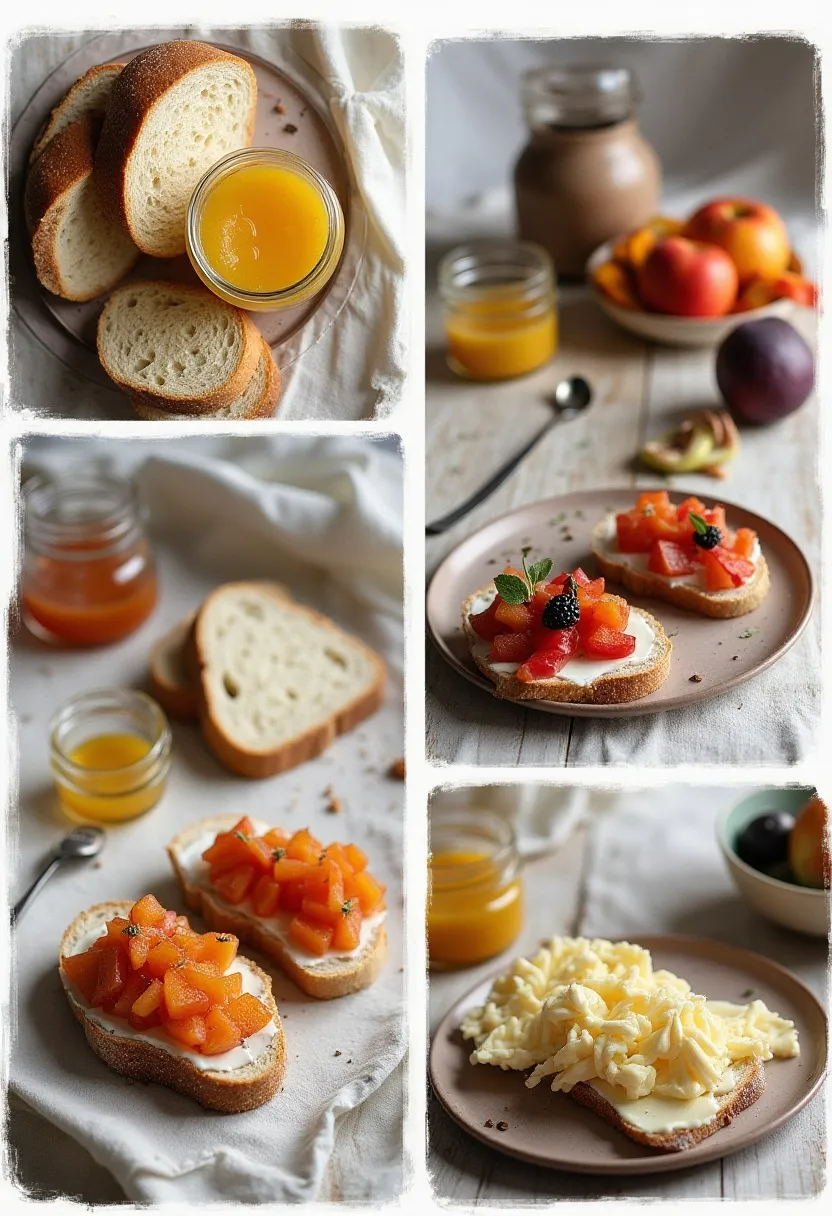 Cottagecore brunch food collage with rustic bread, butter, fruit, and soft light