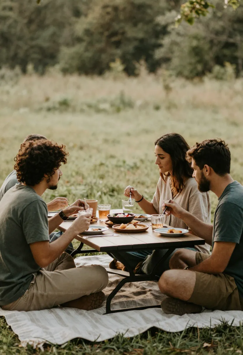 Relaxed outdoor meal shared in nature with simple food