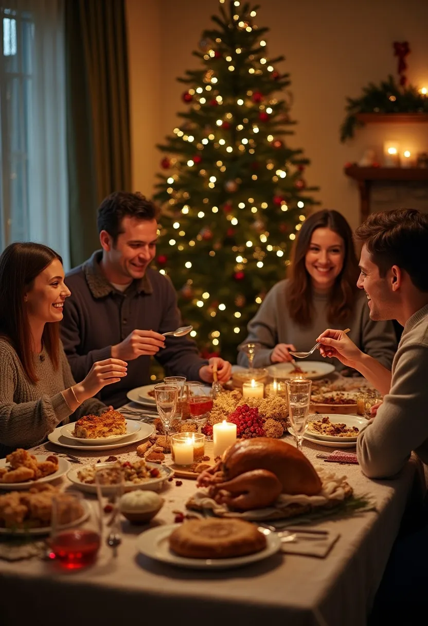 Family gathered around a festive New Year table filled with holiday dishes