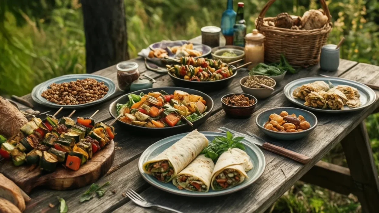 Colorful outdoor picnic table with simple homemade meals in nature