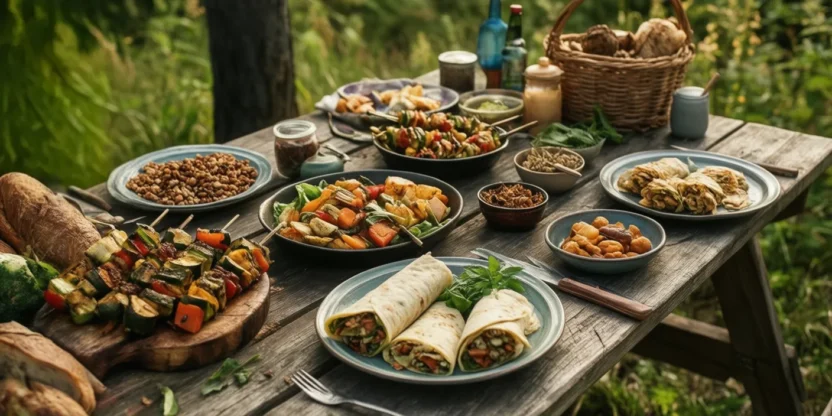 Colorful outdoor picnic table with simple homemade meals in nature