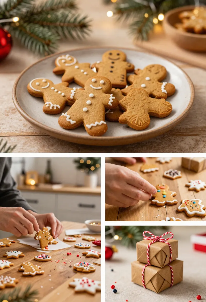 Festive gingerbread cookies with New Year decorations in a cozy holiday kitchen