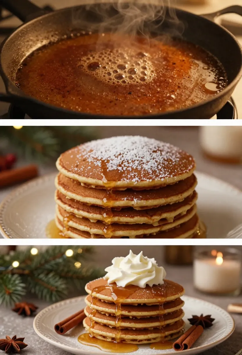 Three-image collage of gingerbread pancakes cooking, stacked with powdered sugar, and served in a festive holiday setting.