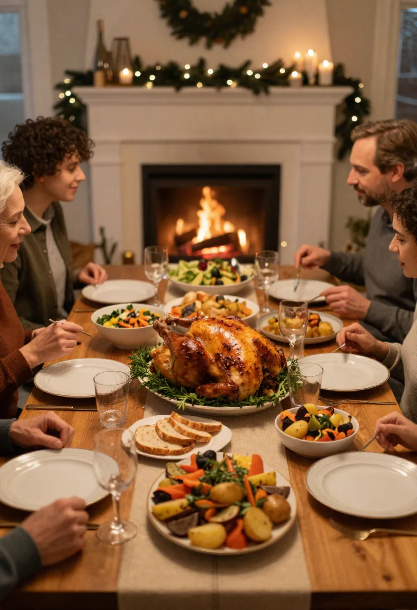 Cozy festive family dinner by the fireplace with a roasted chicken as the main dish