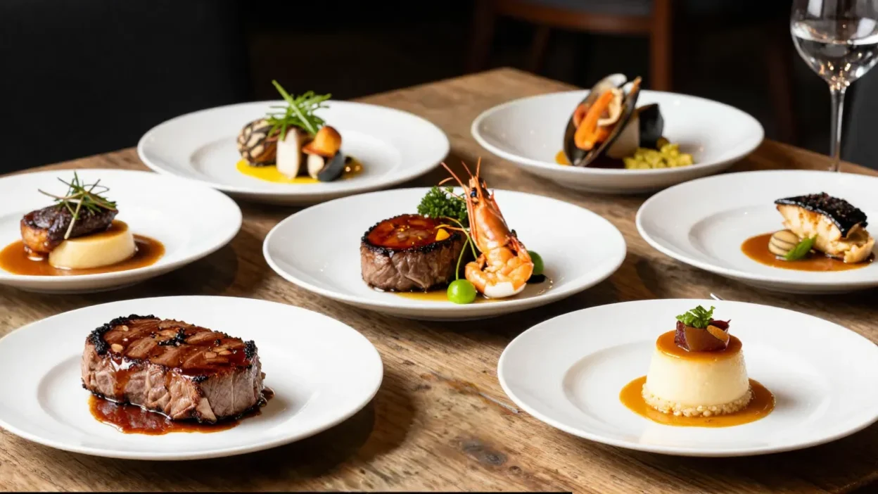 Bright food scene with several beautifully plated signature dishes