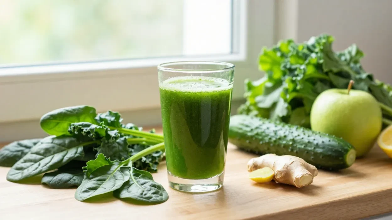 Glass of green juice with spinach, kale, cucumber, apple, and lemon on a sunlit kitchen counter