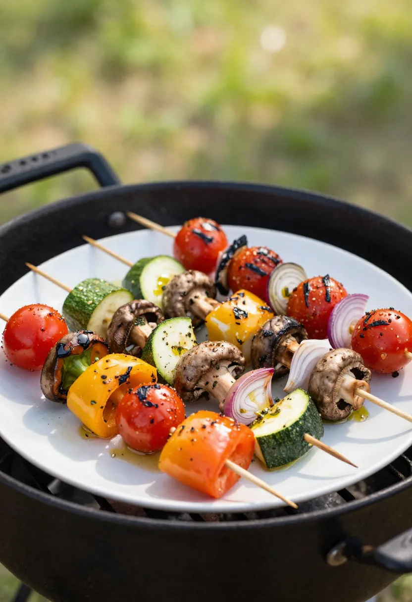 Grilled vegetable skewers with colorful vegetables cooked outdoors