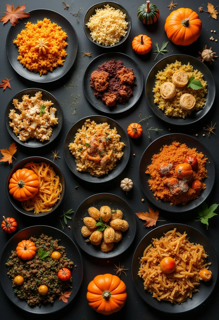Halloween food collage showing simple dishes transformed with festive presentation