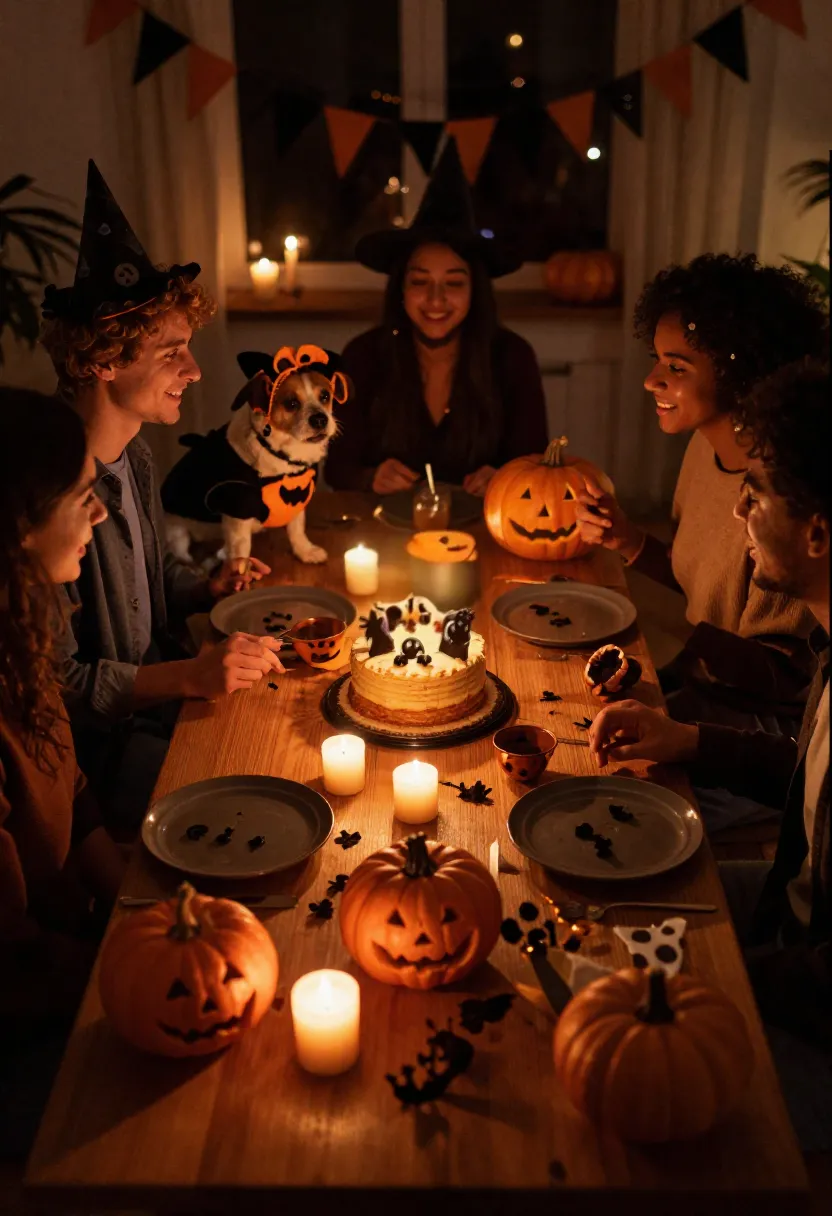 Halloween party with people, a festive cake, and a dog in a Halloween costume