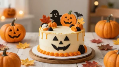 Bright Halloween cake with autumn decorations and cozy spooky atmosphere