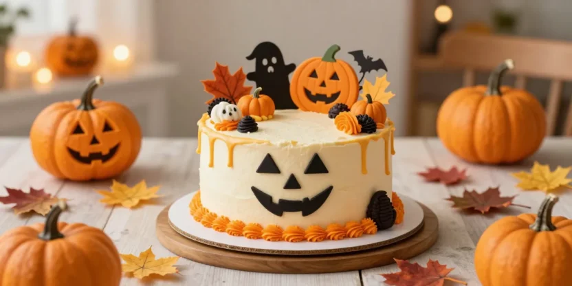 Bright Halloween cake with autumn decorations and cozy spooky atmosphere