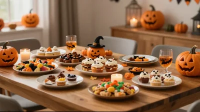 Festive Halloween food table with colorful snacks, desserts, and autumn decorations