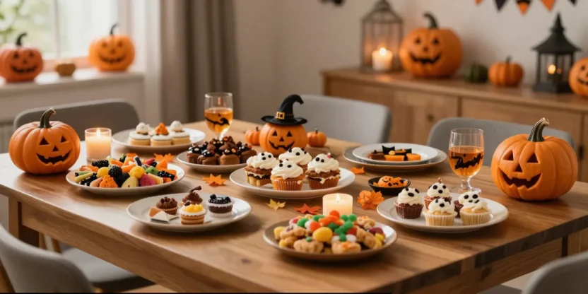 Festive Halloween food table with colorful snacks, desserts, and autumn decorations