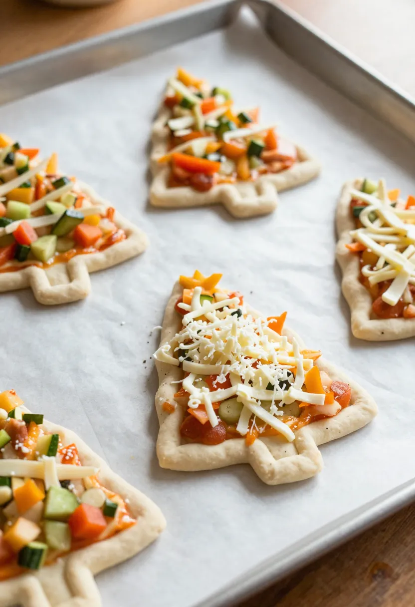 Close-up of evenly topped Christmas tree mini pizzas on parchment paper with freshly grated cheese and defined crust edges.