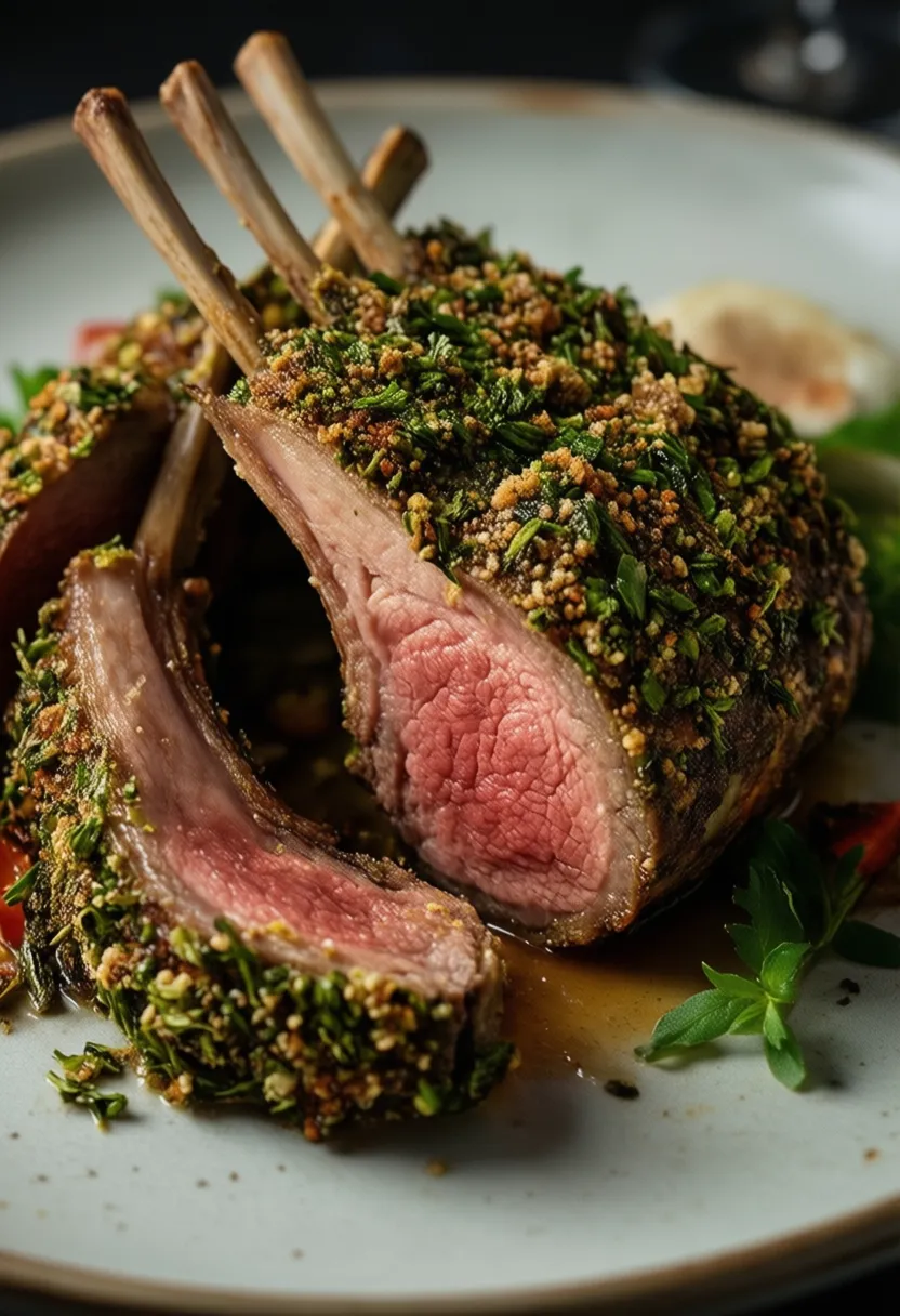 Herb-crusted rack of lamb plated in a fine dining style