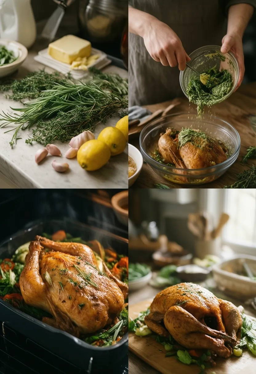 Collage showing the process of preparing and roasting a whole herb-seasoned chicken