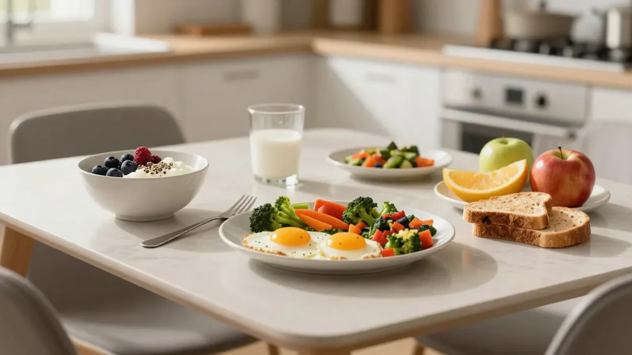Bright high-protein breakfast with yogurt, eggs, fruit, and whole-grain toast on a sunlit kitchen table