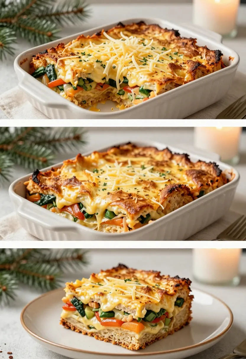 Three-image collage of holiday breakfast strata layered, baked golden, and sliced to show tender layers.