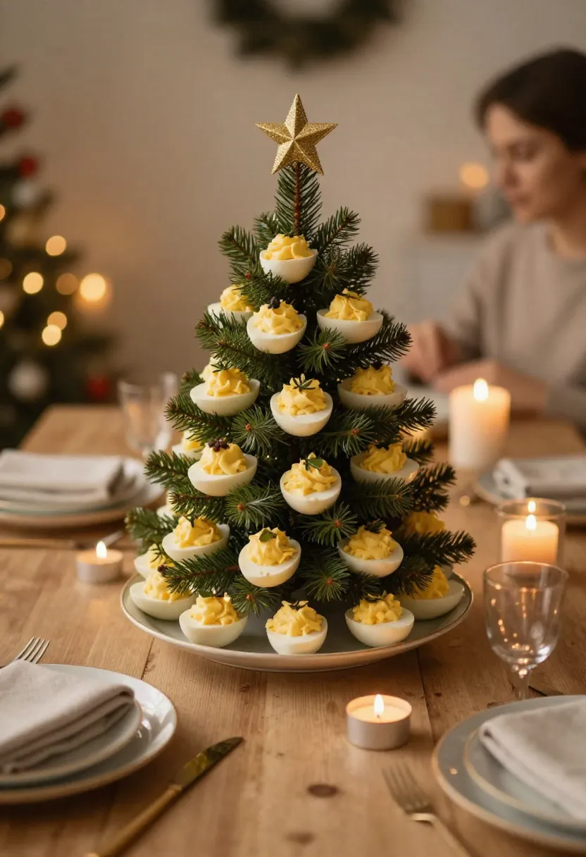 Cozy Christmas table with deviled egg tree centerpiece and warm candlelight.