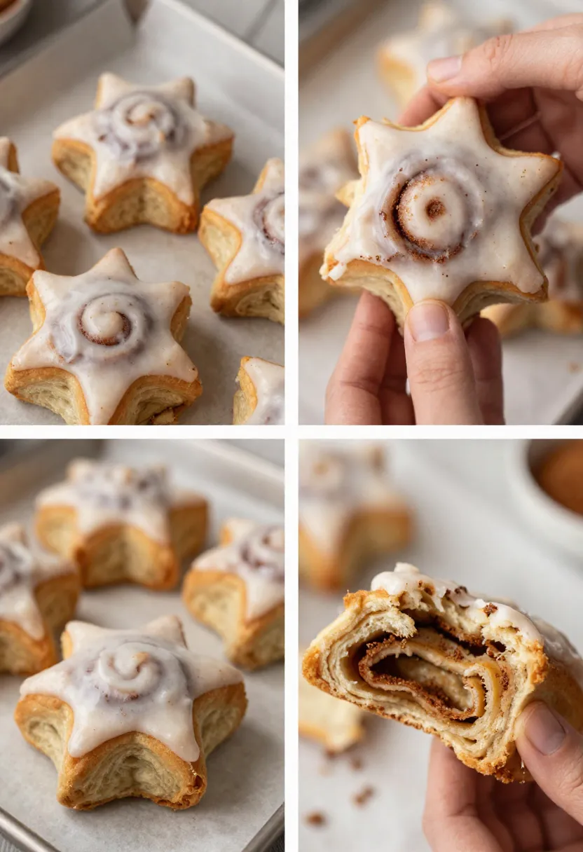 Holiday collage of a star-shaped cinnamon roll being shared, showing soft layers, cinnamon filling, and a cozy festive mood.