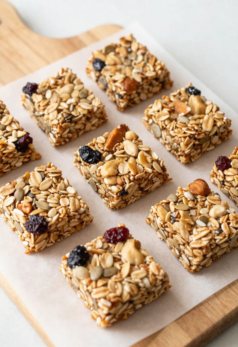 Homemade granola bars with oats, nuts, and dried fruits