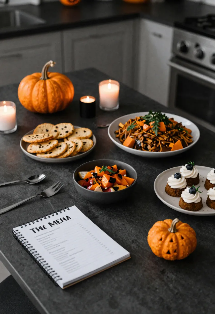 Halloween menu planning scene with balanced food, pumpkins, and cozy atmosphere