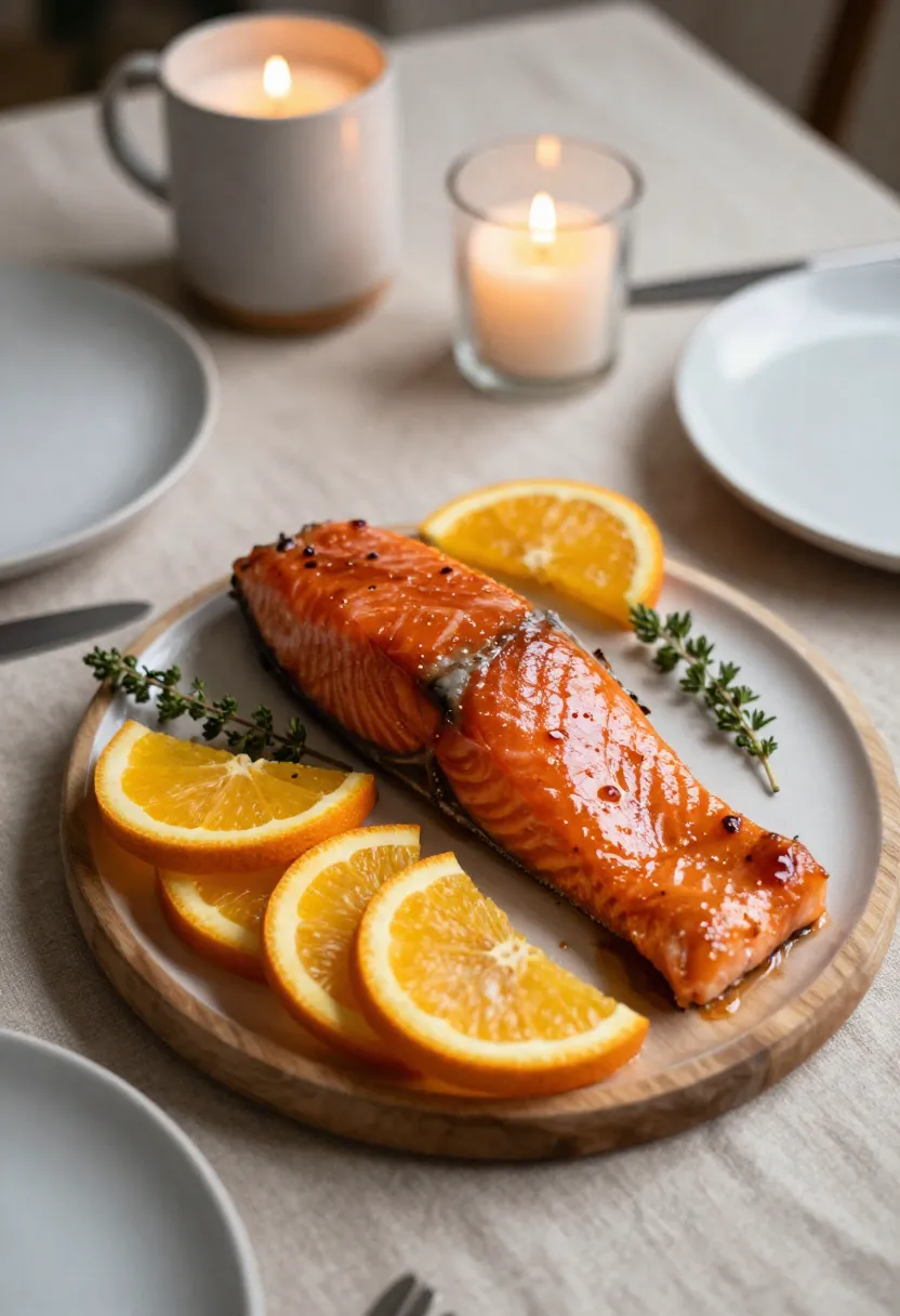 Glazed salmon served on a festive table with simple holiday styling