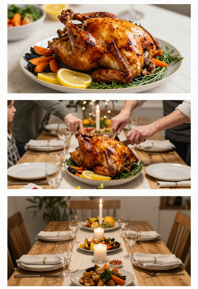 Collage showing festive, family-style serving of a whole roasted chicken at the table