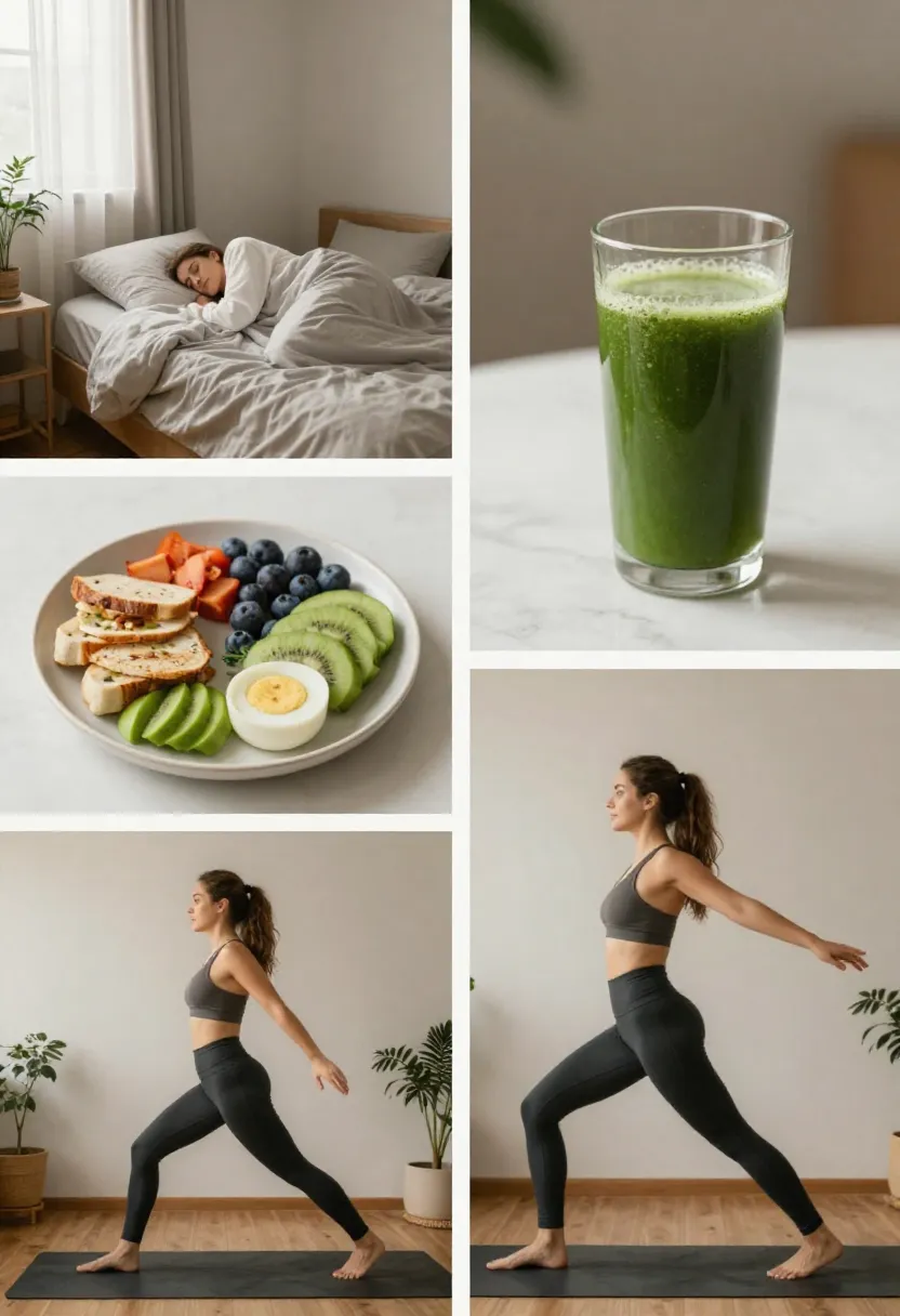 Collage showing green juice alongside sleep, light meals, and gentle daily movement