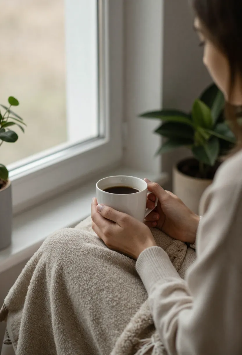 Person sitting by a window with a warm drink in a calm, natural light setting