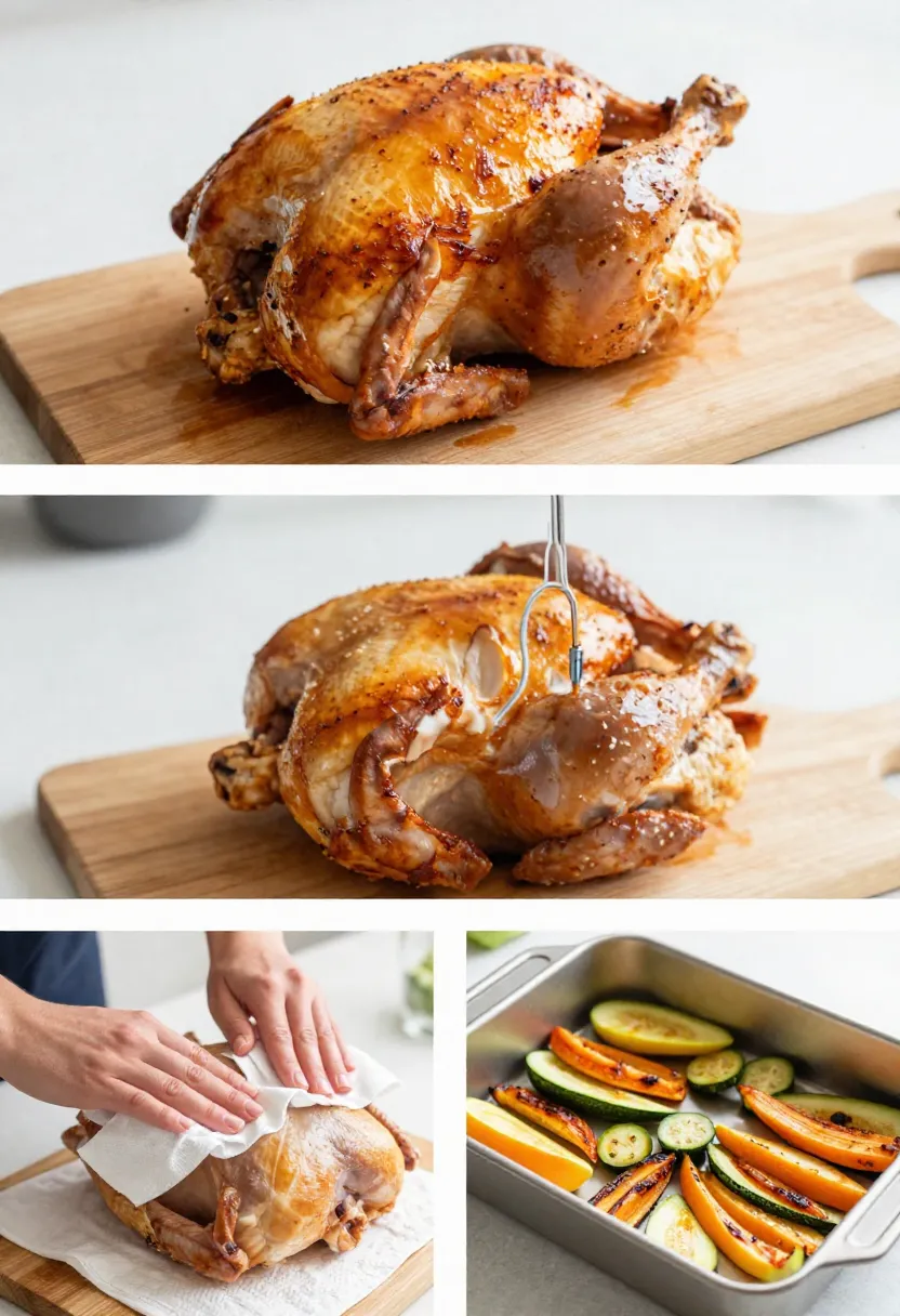 Collage showing practical steps for roasting chicken, including resting, temperature checking, and proper preparation