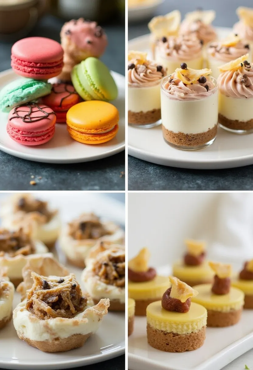 Individual New Year’s Eve desserts including macarons and mini sweets