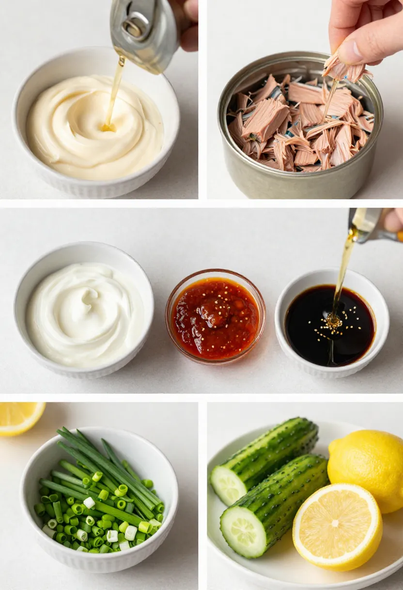 Collage of ingredients for spicy tuna salad including tuna, sauces, and fresh vegetables