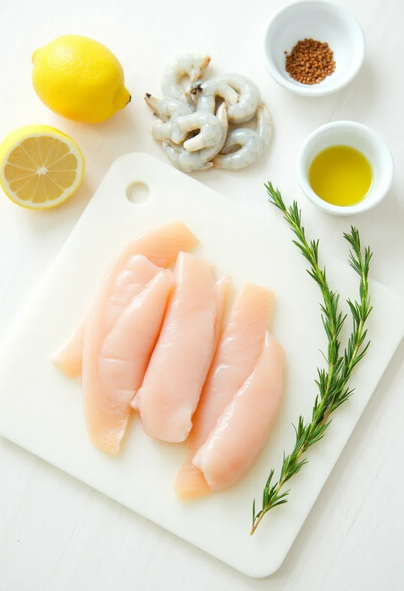 Fresh seafood ingredients with herbs, citrus, and spices in a coastal setting.