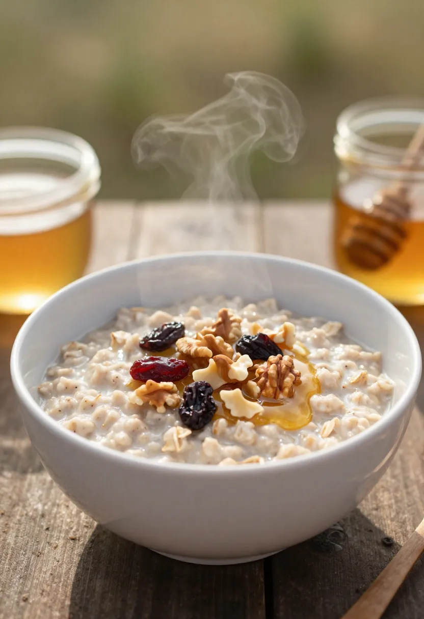 Warm bowl of oatmeal with nuts and dried fruit outdoors