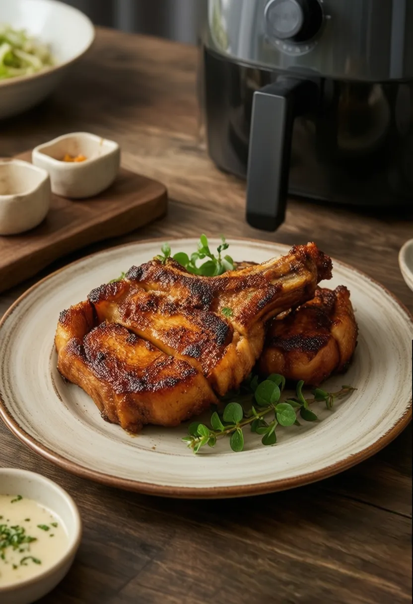 Air fryer pork chops with herbs next to an air fryer