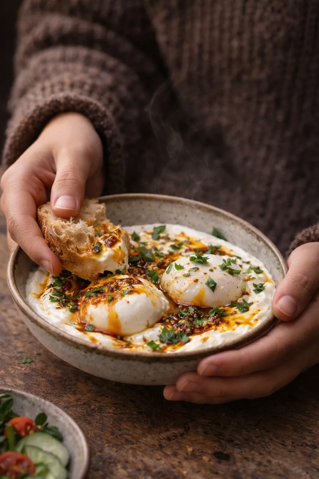 Hands holding a bowl of Turkish eggs with yogurt, poached eggs, and spiced butter