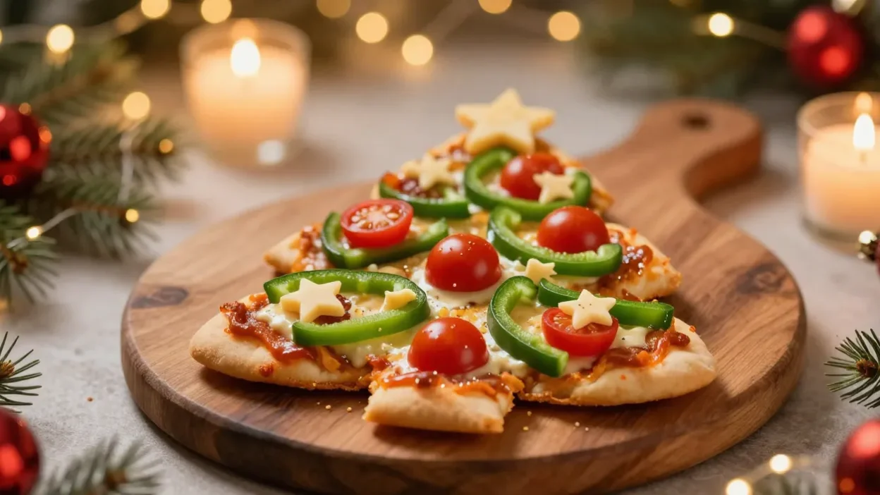 Christmas tree-shaped mini pizzas decorated with colorful toppings on a festive holiday table with warm lights and pine branches.