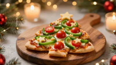 Christmas tree-shaped mini pizzas decorated with colorful toppings on a festive holiday table with warm lights and pine branches.