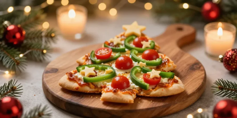 Christmas tree-shaped mini pizzas decorated with colorful toppings on a festive holiday table with warm lights and pine branches.