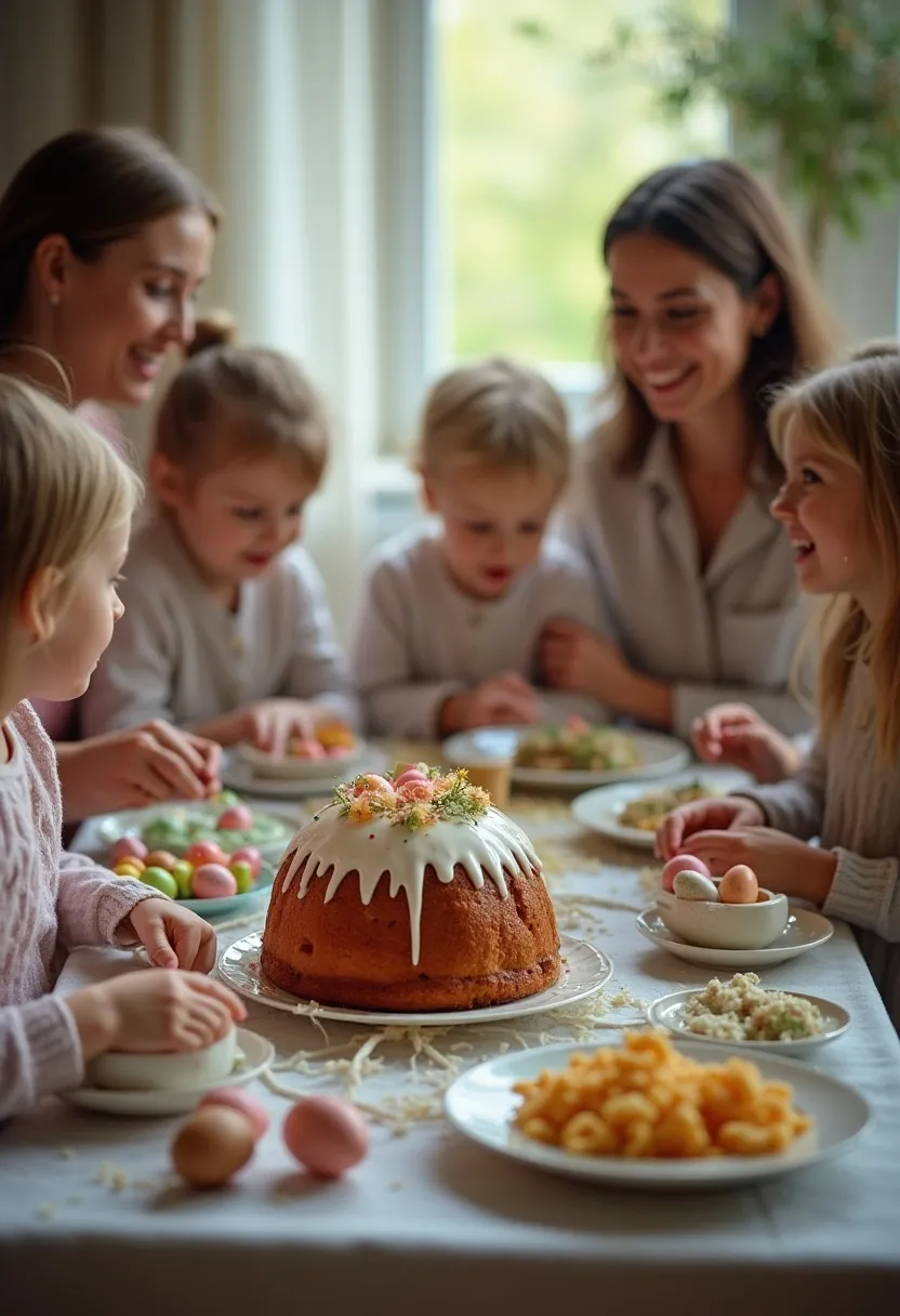 Family gathered at Easter table with kulich and decorated eggs