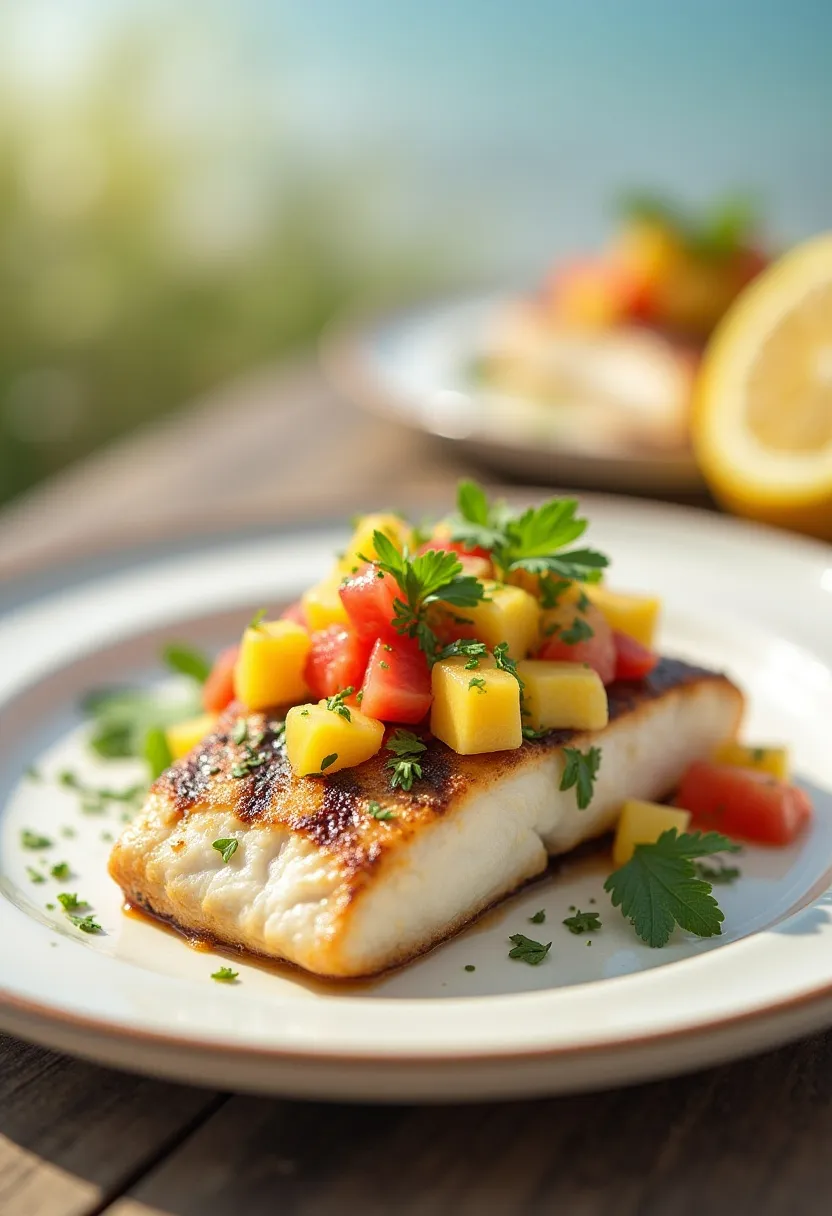 Grilled mahi mahi topped with fresh tropical fruit and herbs in a coastal setting.