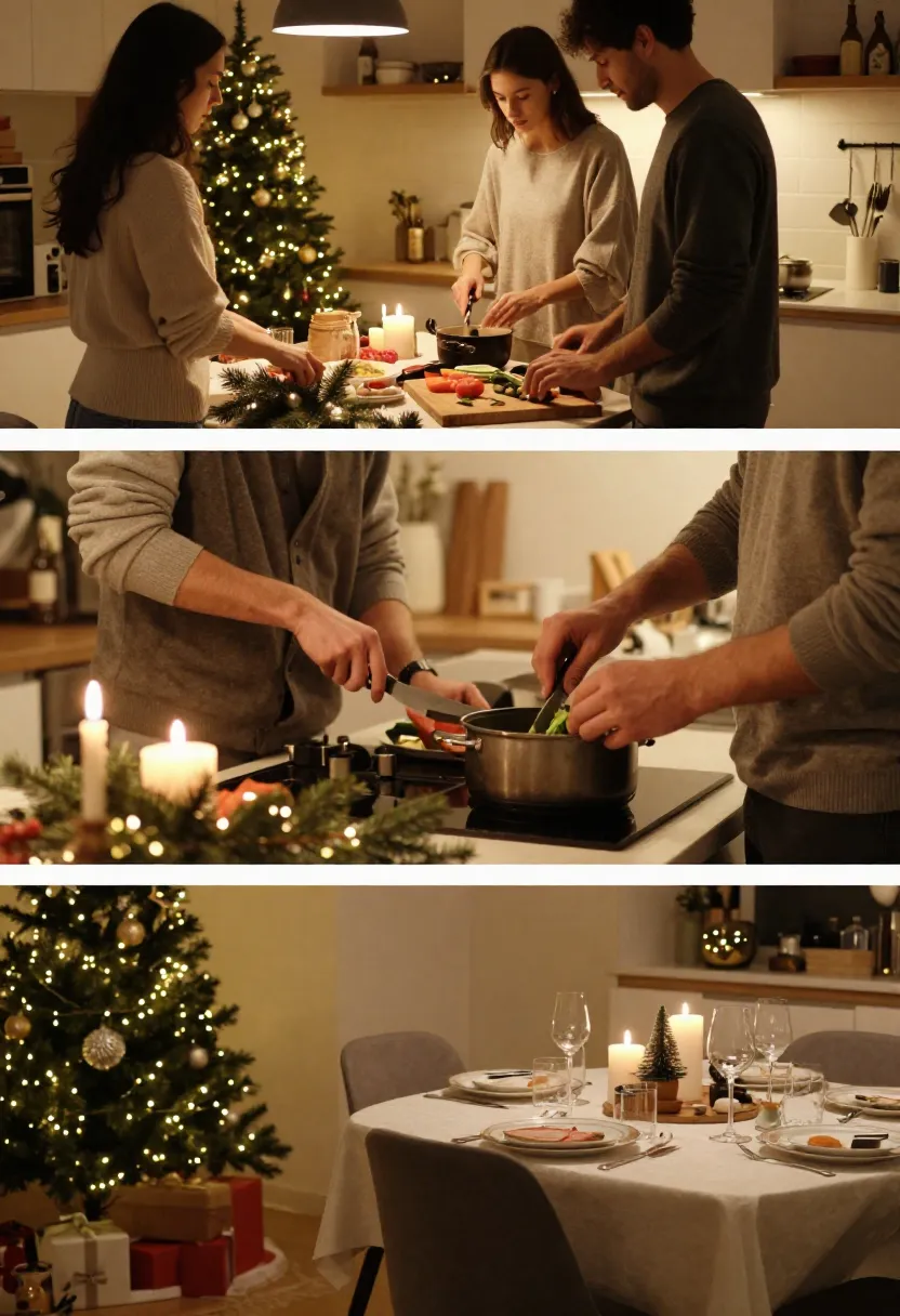 Relaxed holiday cooking together in a cozy New Year kitchen