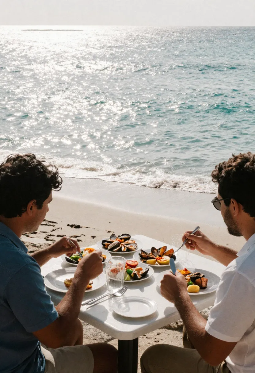 Two people enjoying seafood together by the ocean.