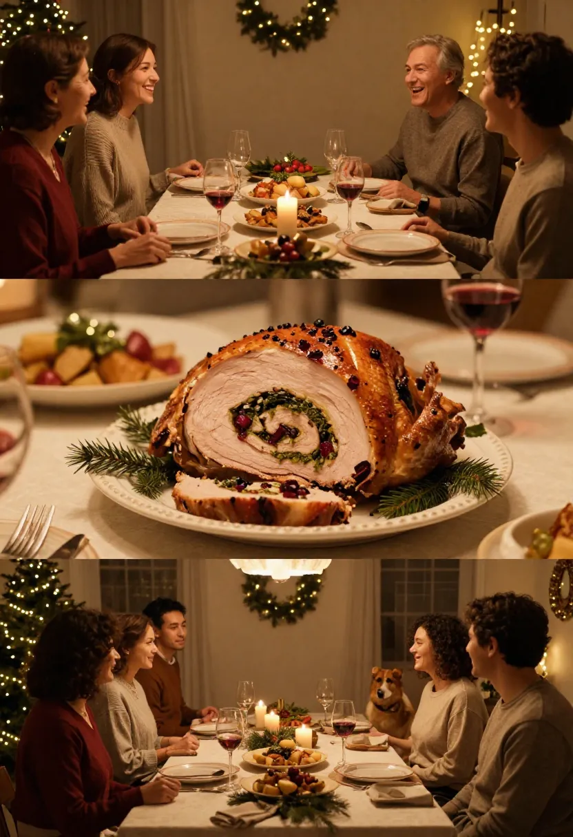 Family enjoying Christmas dinner with stuffed turkey roll centerpiece and a dog nearby.