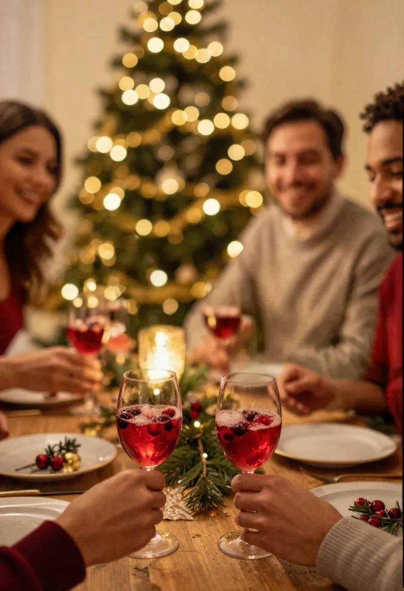 Guests at a cozy holiday party opening and pouring cranberry ornament cocktails under warm festive lights.