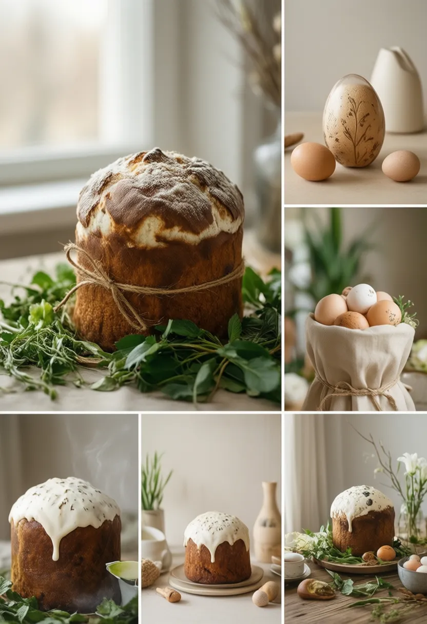 Modern Easter collage with kulich and decorated eggs in a contemporary setting