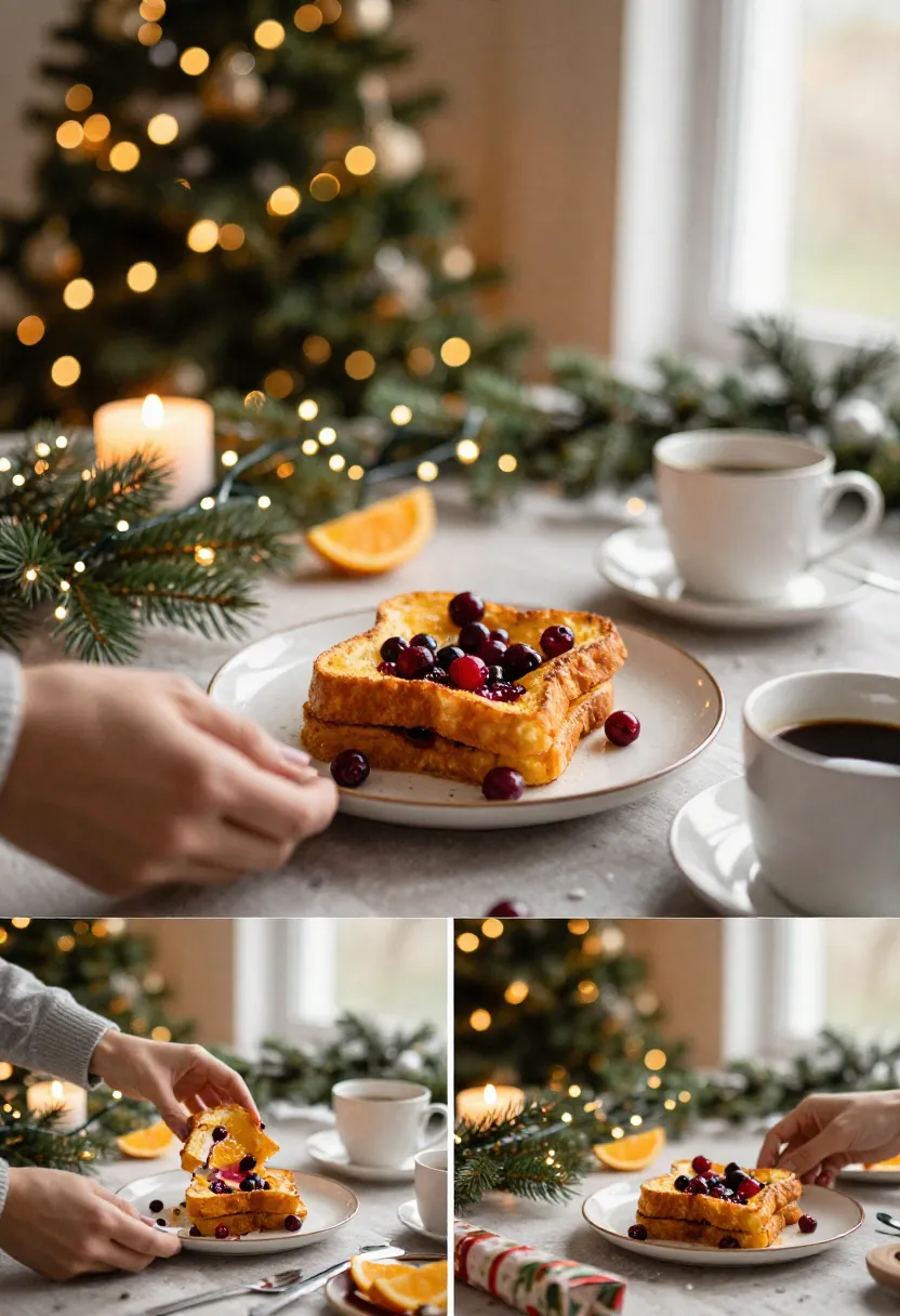 Cozy Christmas morning scene with French toast bake and warm holiday atmosphere.