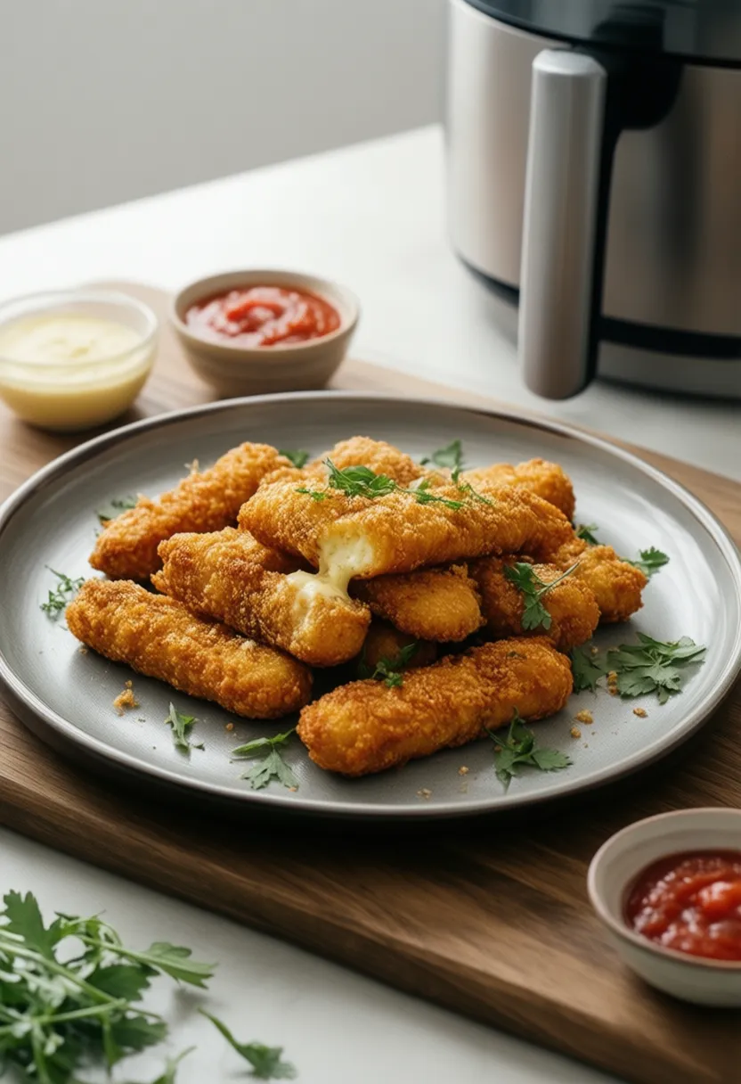 Air fryer mozzarella sticks with marinara sauce next to an air fryer