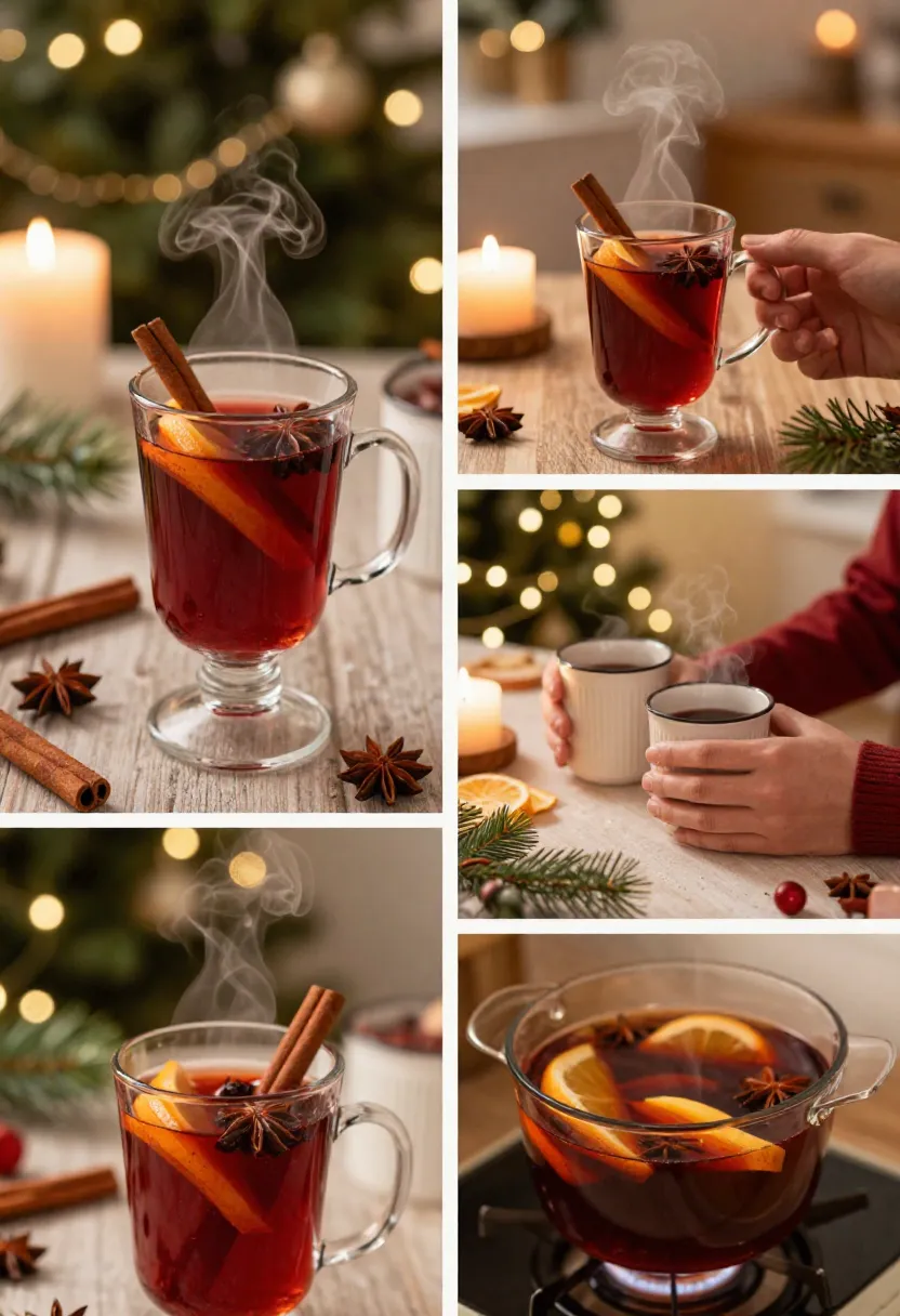 Steaming mulled wine with spices in a cozy New Year holiday setting